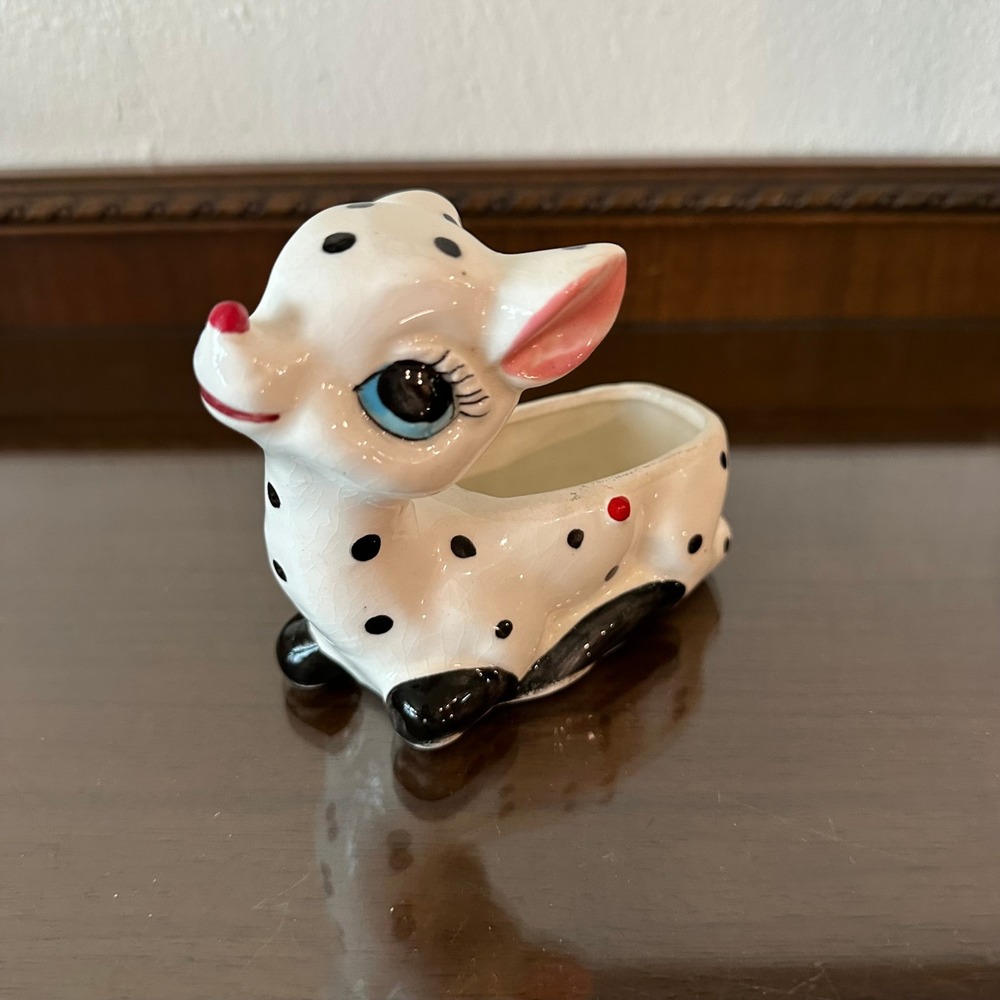 Vintage Ceramic Deer Planter Mid Century Polka Dot Fawn Figurine Japan Retro